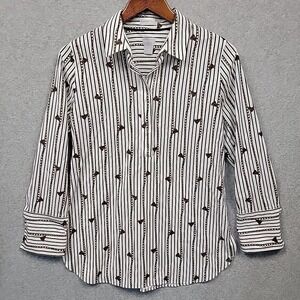 Chico's Shirt Top White Chain Print Long Sleeve No Iron Button Popover Sz 0 US 4